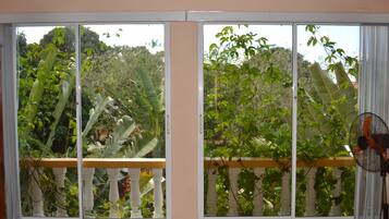 Una habitación con un ventanal grande dividido en tres partes, que ofrece vistas de exuberante vegetación al exterior.