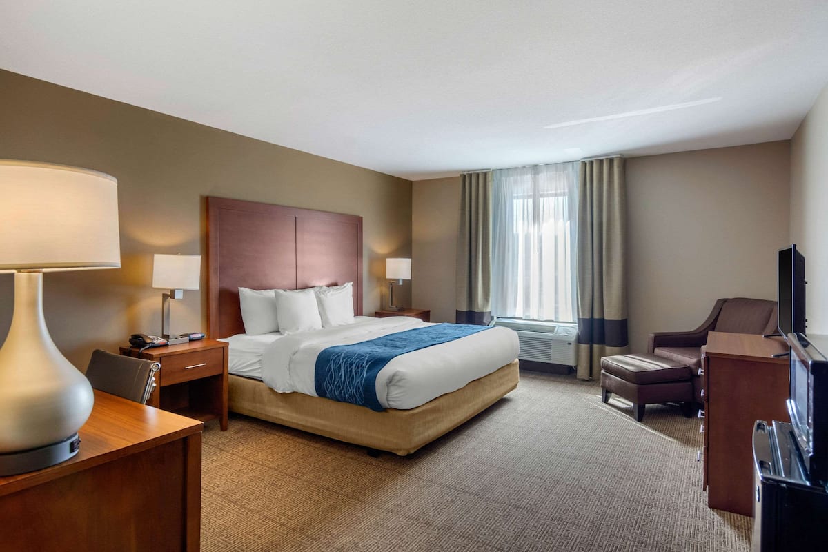 A hotel room with a large bed, a desk with a lamp, a chair, a TV, and a window with curtains.