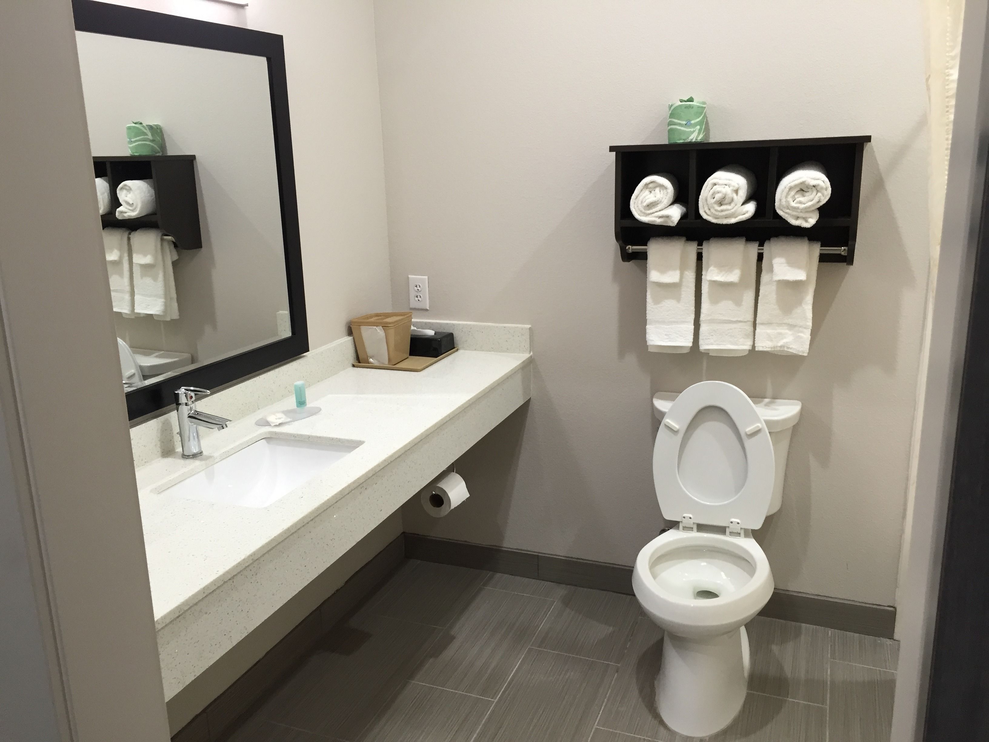 combined shower/bathtub, free toiletries, hair dryer, towels