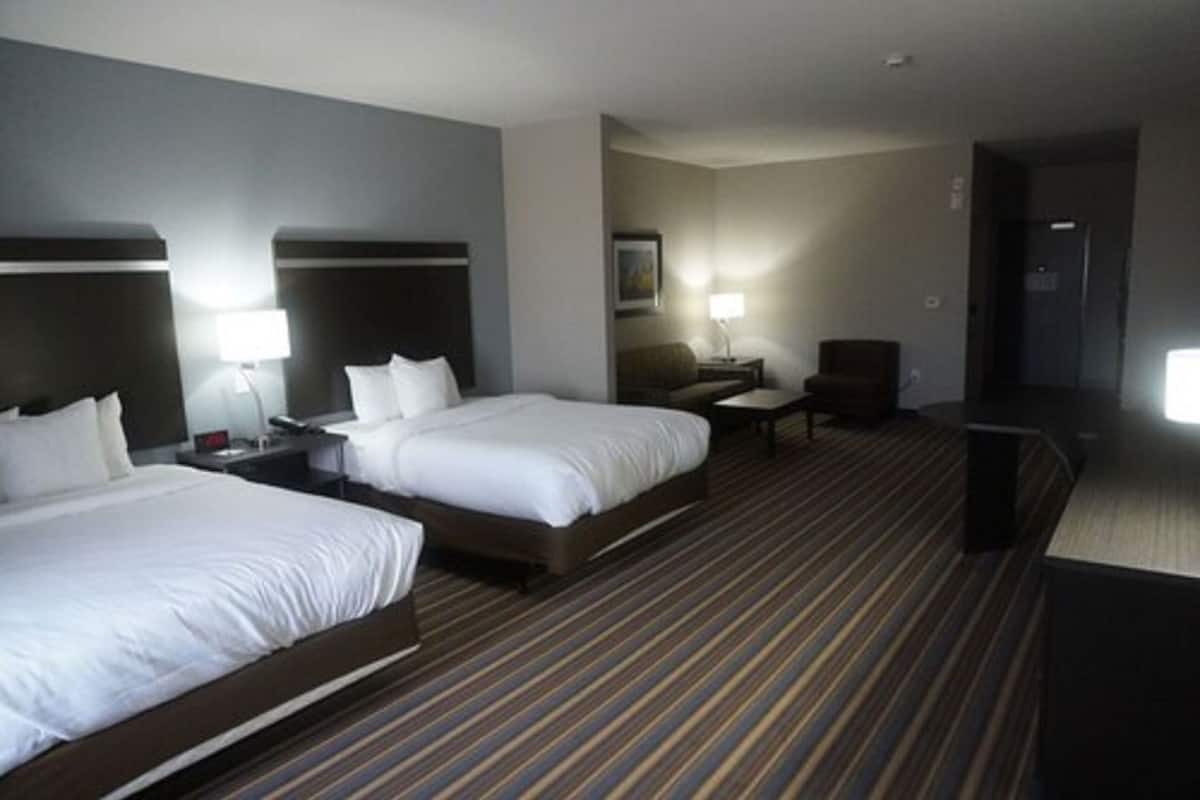 Une chambre d’hôtel avec deux lits, un bureau, une chaise, une lampe et un tableau encadré au mur.