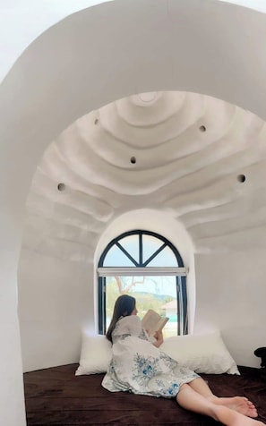 Une pièce dotée d’un plafond voûté original, d’une grande fenêtre et d’une personne lisant un livre.