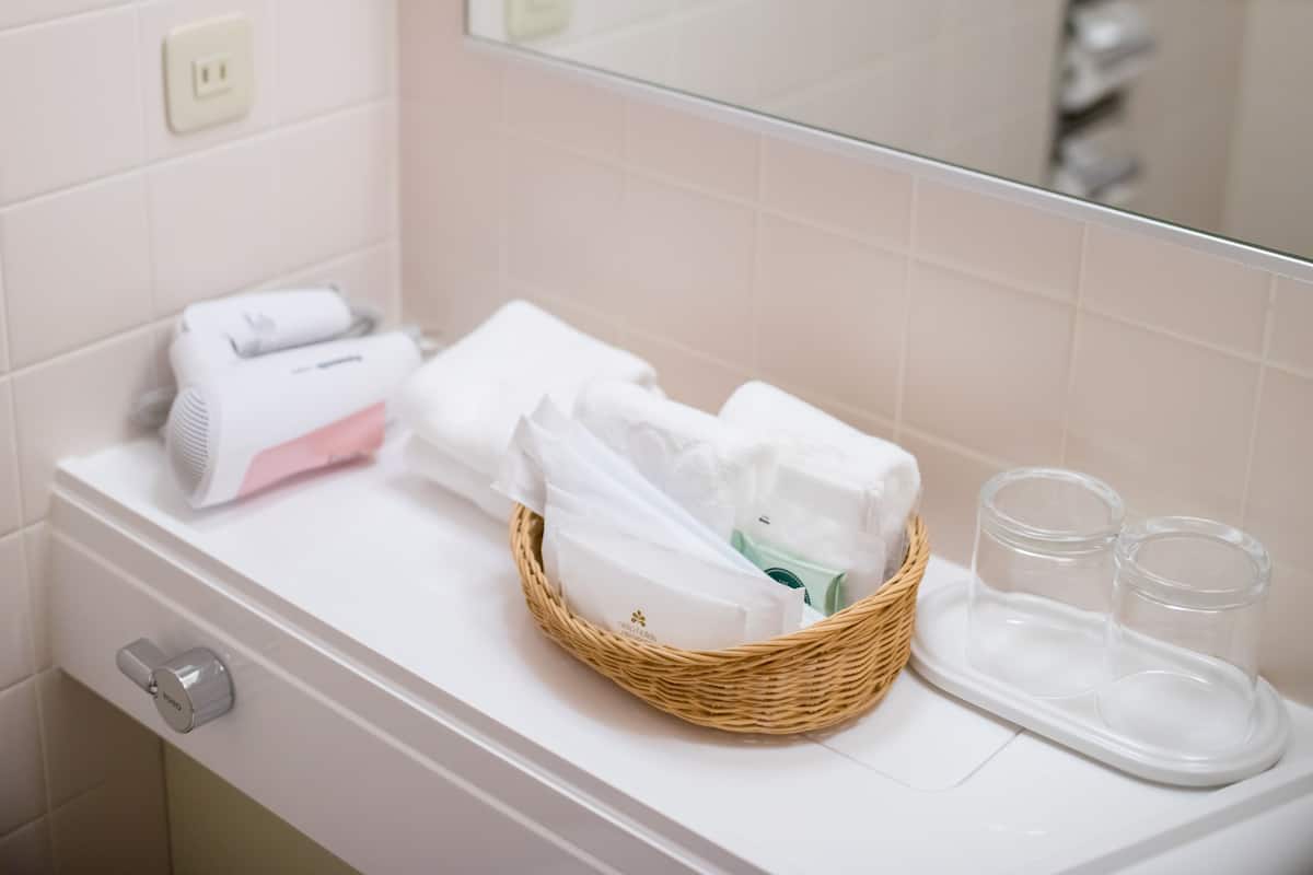 combined shower/bathtub, free toiletries, hair dryer, slippers