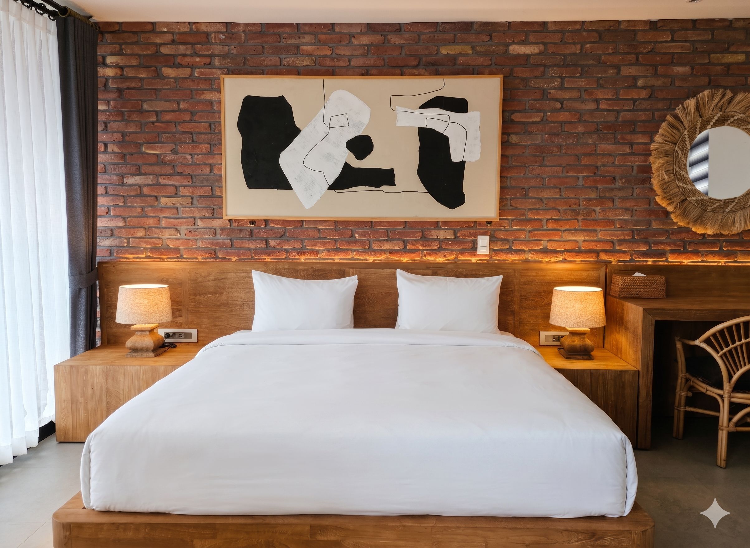 A hotel room with a large bed, two bedside tables with lamps, a brick wall, and a large abstract painting.