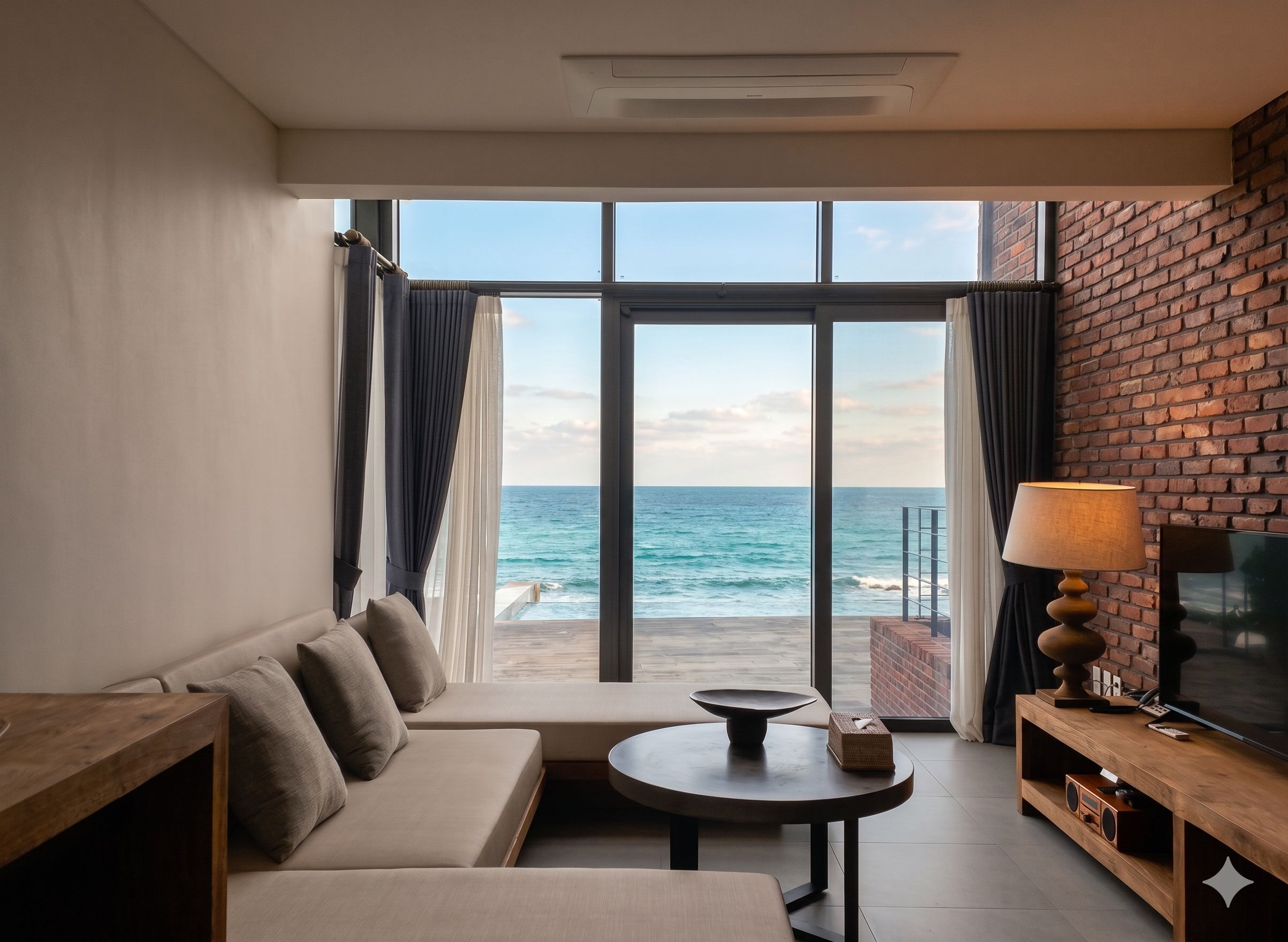 A modern living room with a sofa, a small round table, and a television. The room has large windows with curtains, offering a view of the sea.