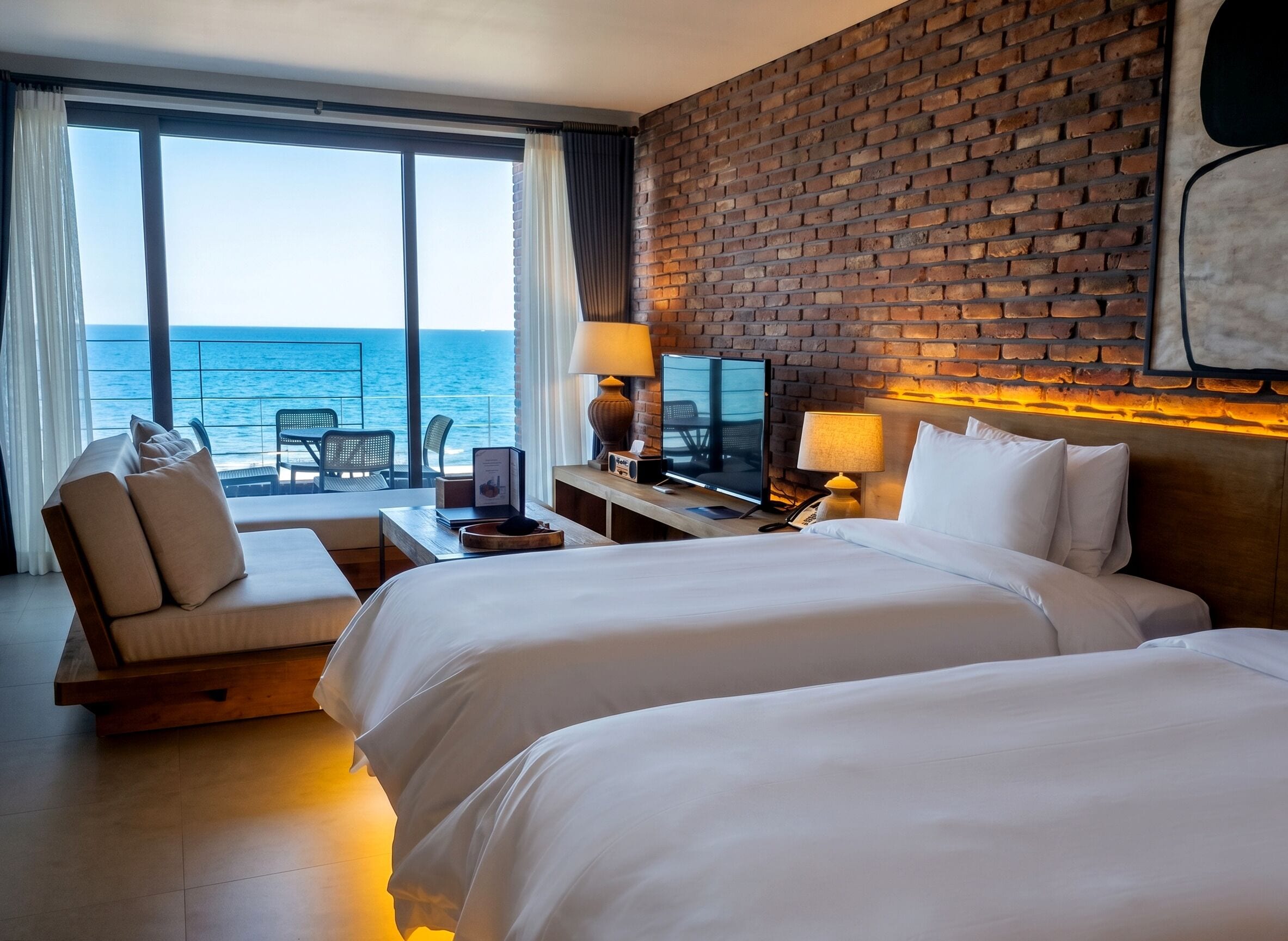 A hotel room with two beds, a TV, a desk with a lamp, a chair, and a view of the sea.
