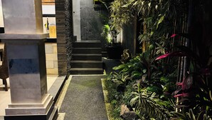 Un sendero conduce a una escalera rodeada de abundante vegetación y la fachada moderna de un edificio.