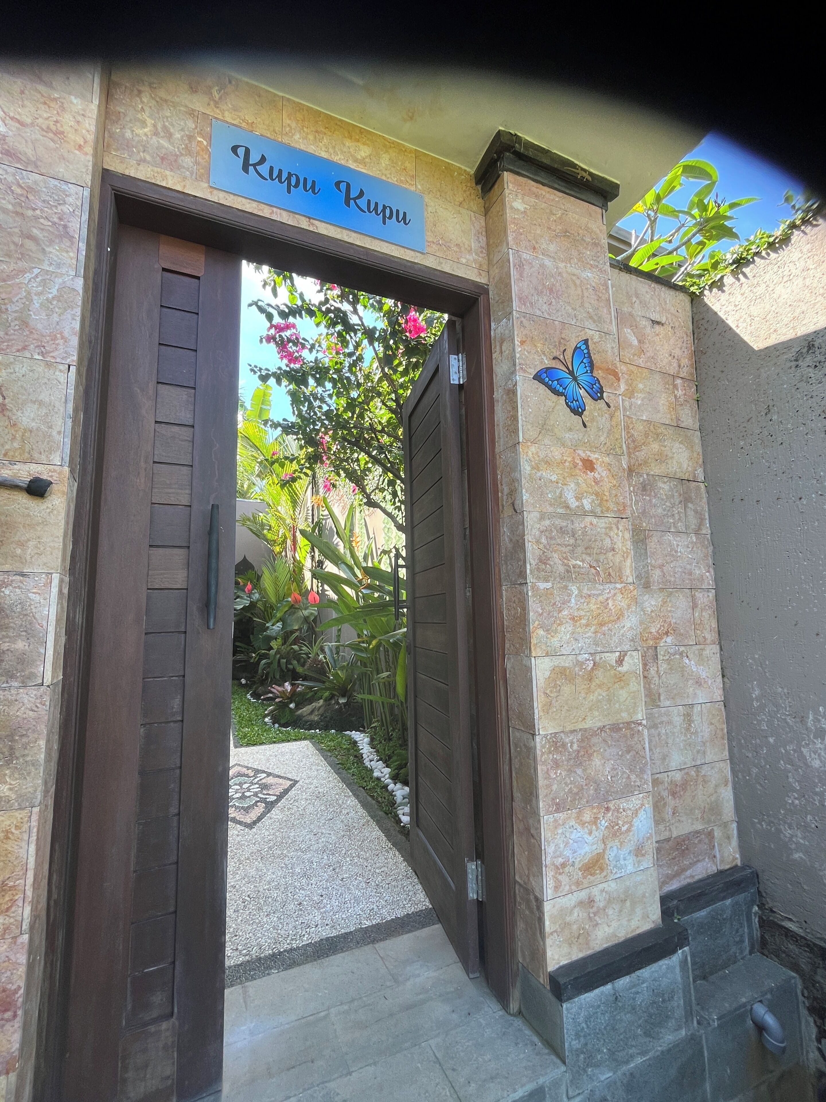 A wooden door with a sign above it, a butterfly decoration on the wall, and a garden with plants and flowers.