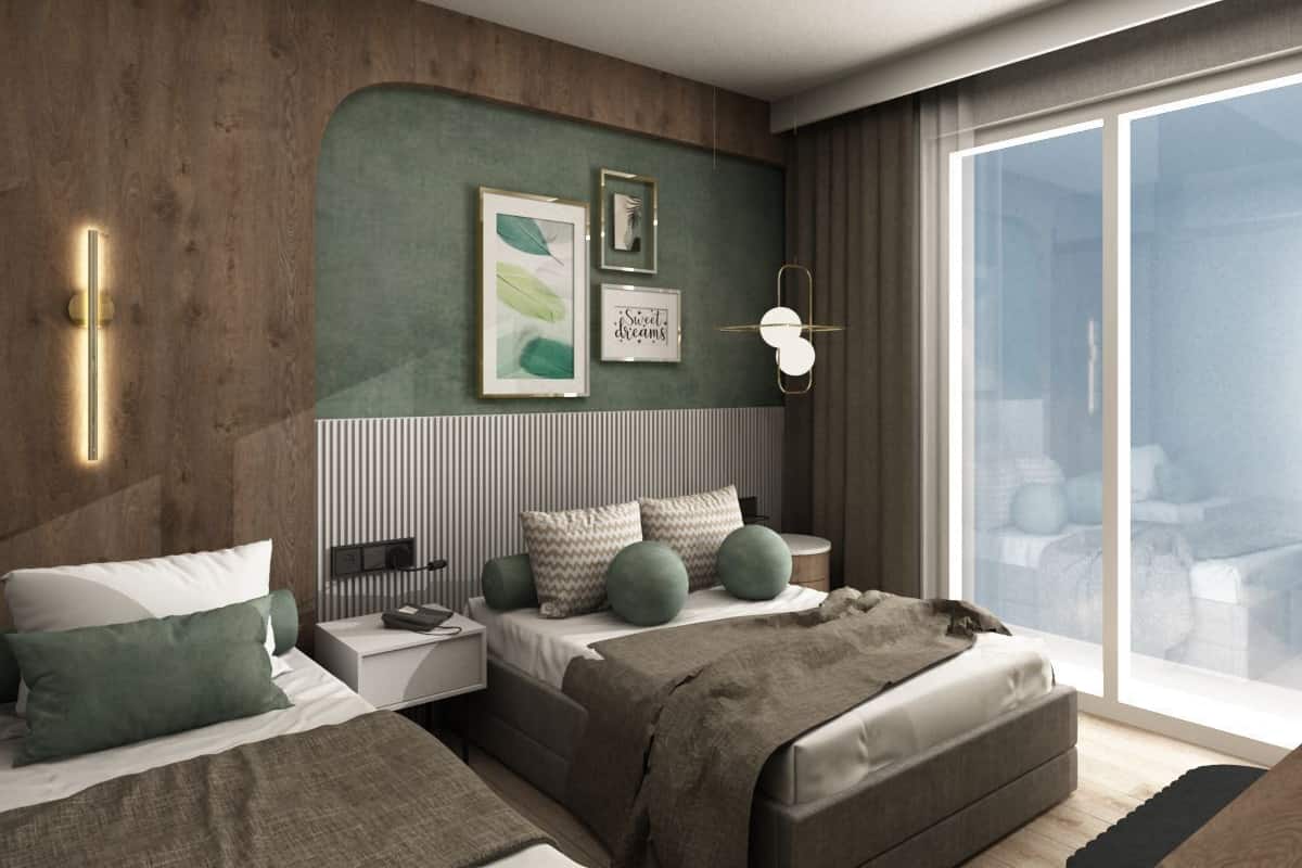 A modern bedroom with a large bed, bedside tables, a green accent wall, and a large window.
