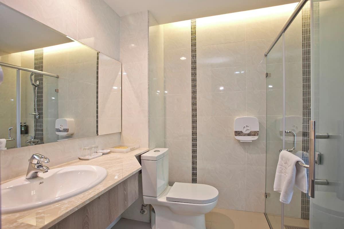 Hair dryer, slippers, towels, soap