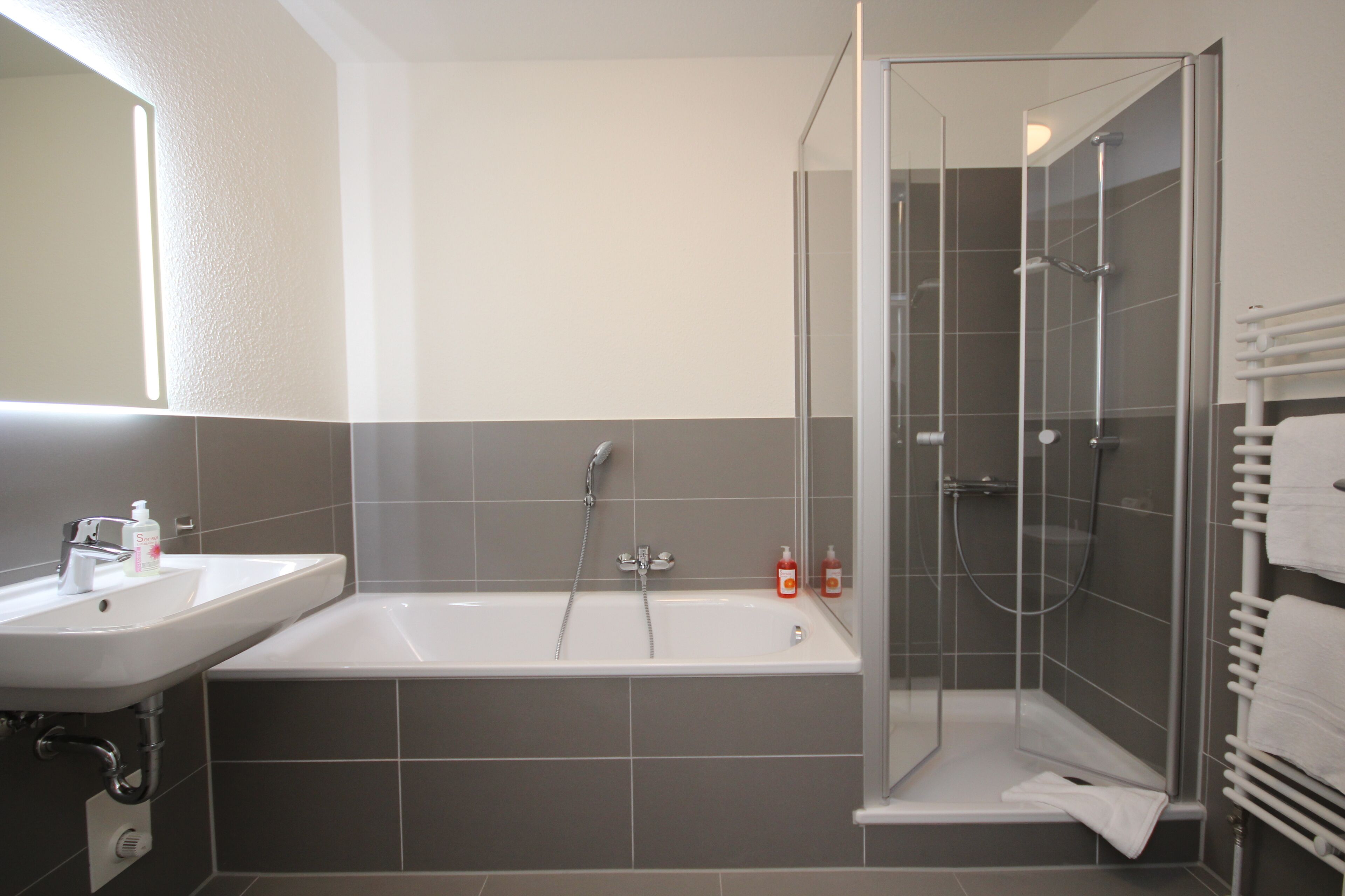 A modern bathroom with a bathtub, shower, and a glass-enclosed shower area.