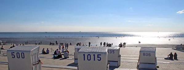 A beach with numbered beach huts and a clear view of the ocean.