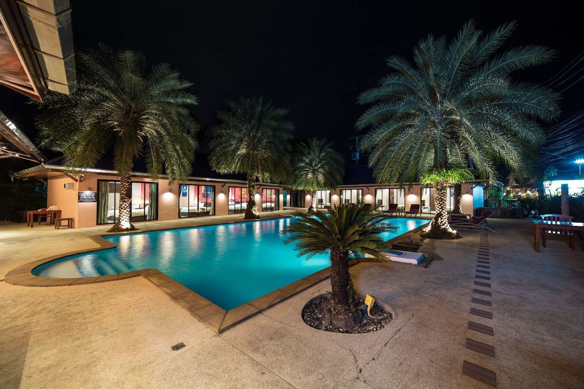 outdoor pool, pool umbrellas, pool loungers