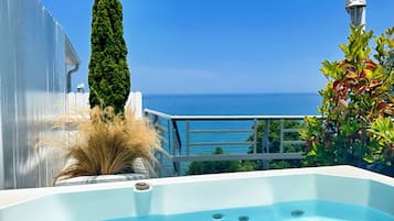 Aegean Spa Suite Sea View with Private Sauna & Rooftop Outdoor Jetted Tub | Frette Italian sheets, premium bedding, down duvets, pillow-top beds