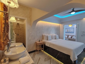 Signature Two Bedroom Suite with Outdoor Heated Plunge Pool & Sea View | Frette Italian sheets, premium bedding, down duvets, pillow-top beds - Panorama Suites & Spa (Agia)