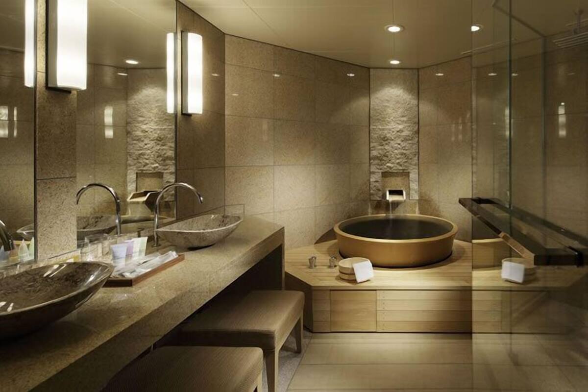 mt. zao suite, mountain view | bathroom | shower, hair dryer, slippers, electronic bidet