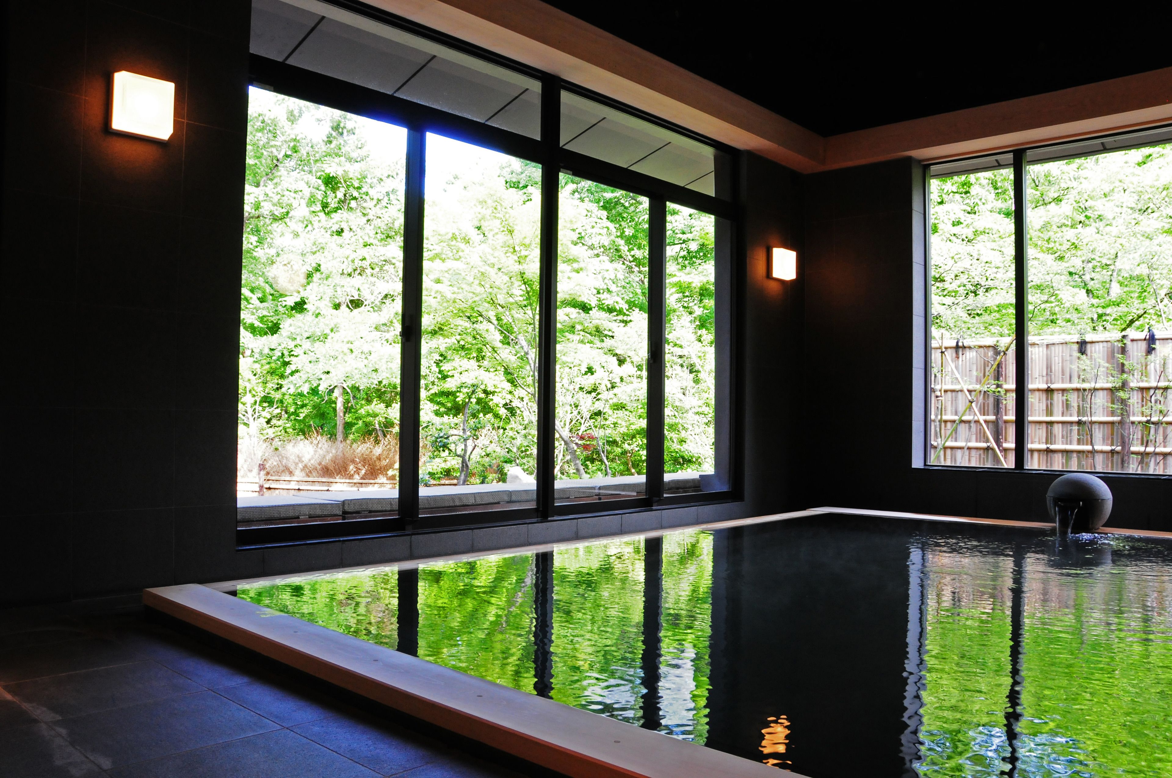 Una piscina interior moderna con amplias ventanas, vistas despejadas a zonas verdes exteriores y una zona de terraza de madera.