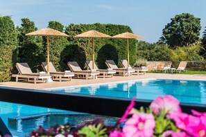 A pool area with lounge chairs and umbrellas, surrounded by greenery. - Blue Sky Apartments (Malia)