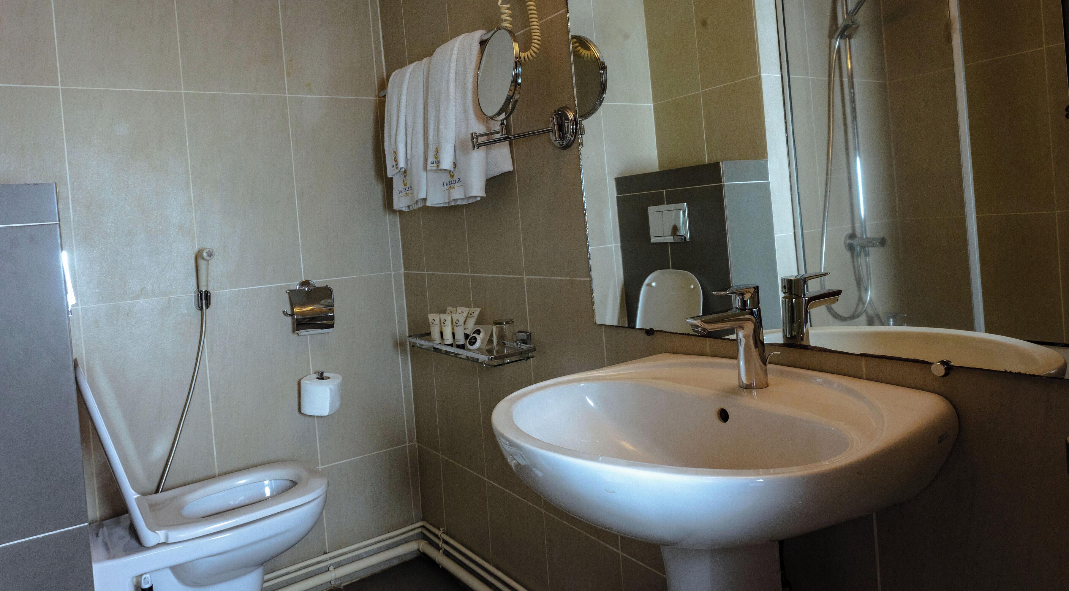 A bathroom with a toilet, sink, mirror, towel rack, and a shelf with toiletries.