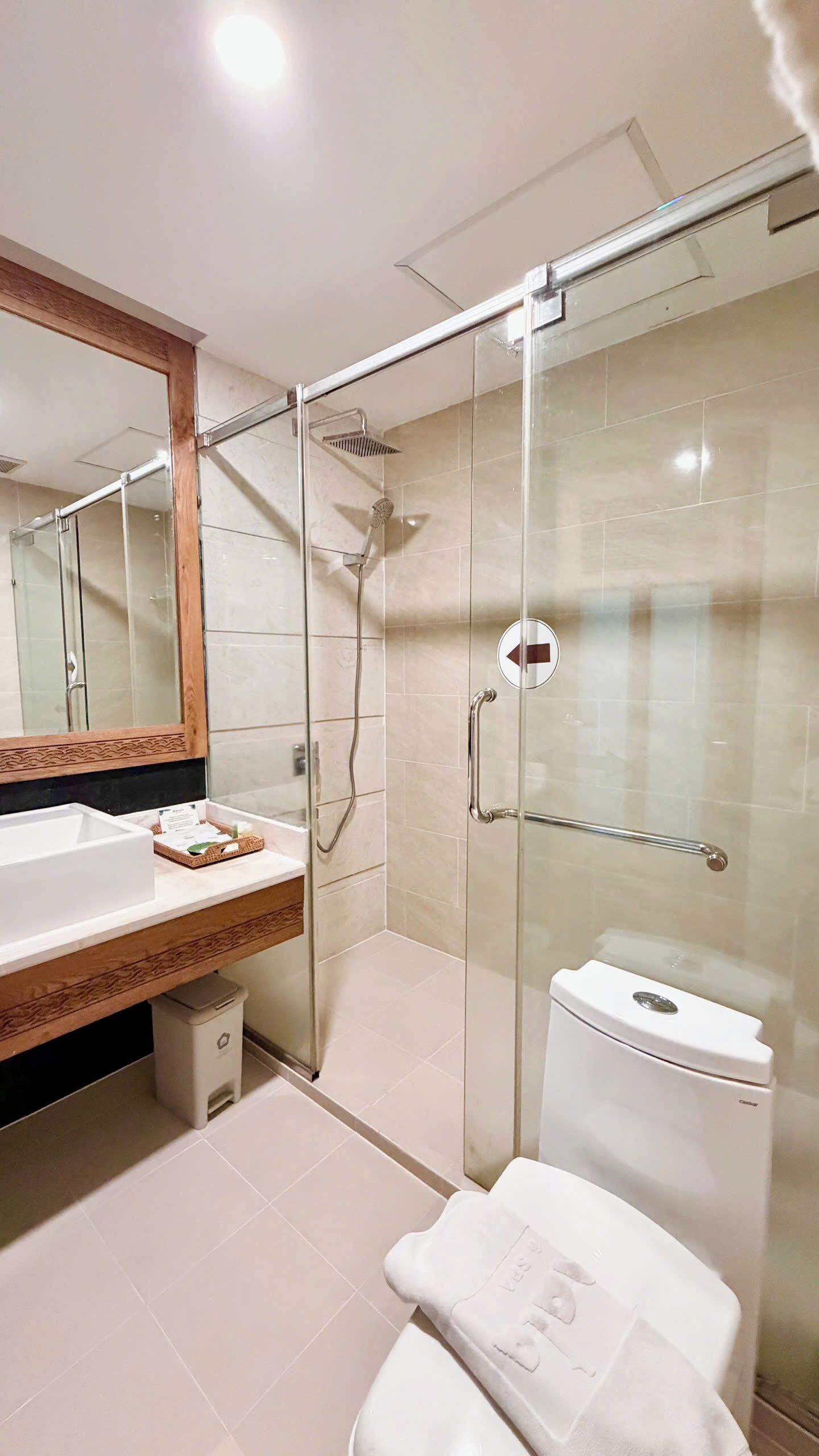 A modern bathroom with a glass-enclosed shower, a white sink, and a toilet.