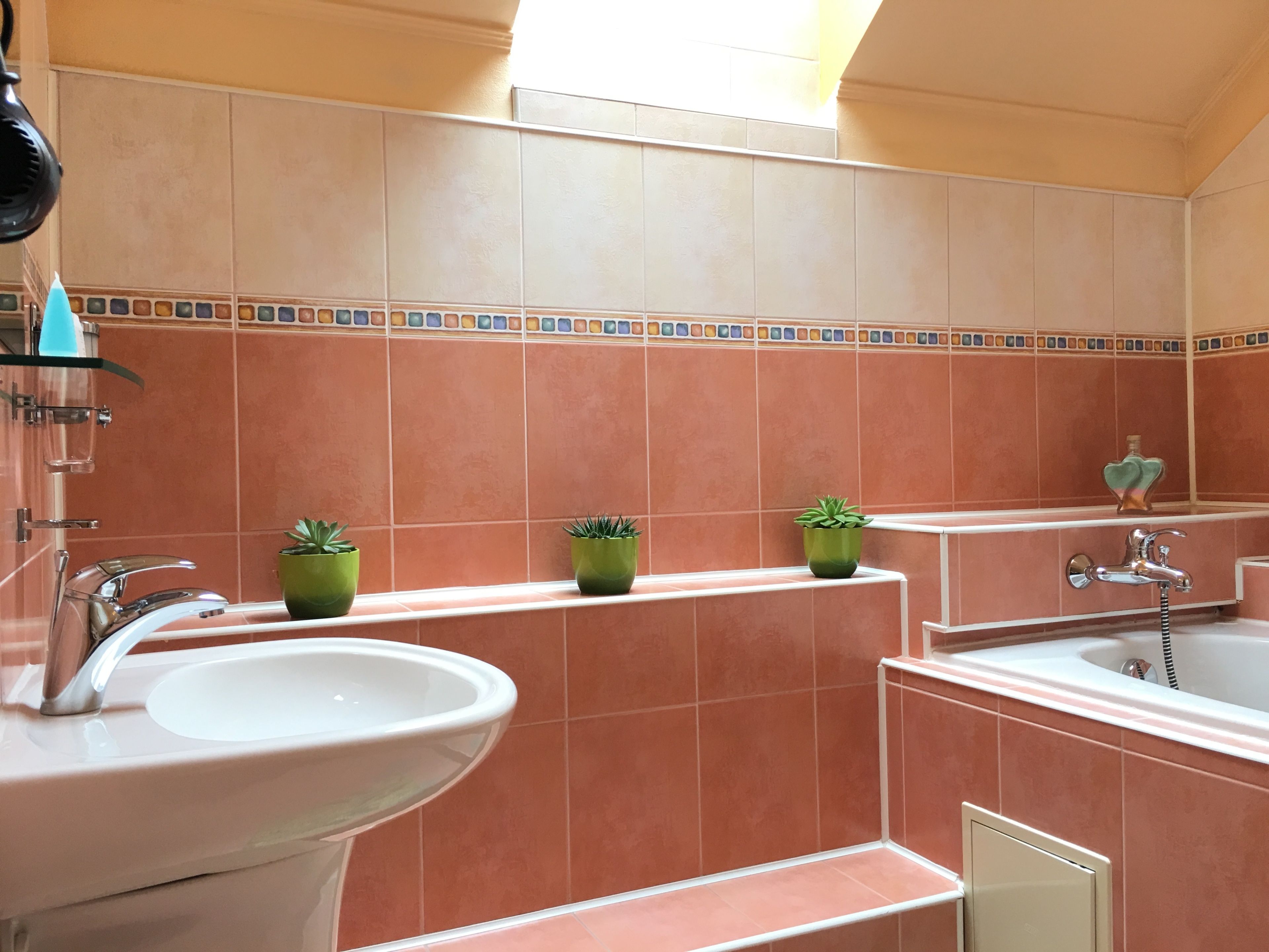 Une salle de bain avec un lavabo, deux plantes vertes en pot, un miroir et une baignoire.