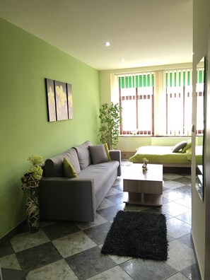 A living room with a grey sofa, a coffee table, a black rug, and a green wall. - Penzión Hradby (Prešov)