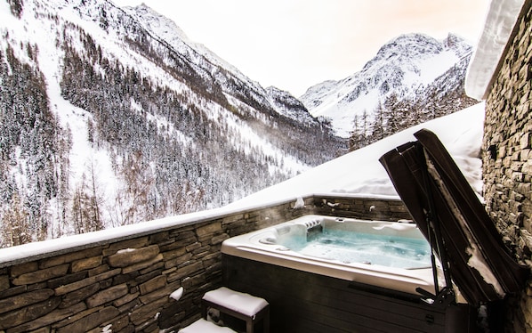 Un bain à remous bordé de pierres, offrant une vue sur des montagnes enneigées.