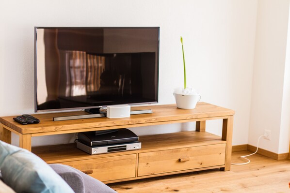 Un meuble en bois pour la télévision, avec un téléviseur à écran plat, une télécommande et une petite plante.