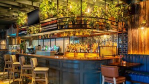 Un espace bar doté d’un comptoir incurvé, de plusieurs options d’assises et d’une variété de bouteilles et de verres.