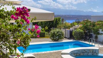 Outdoor pool, pool umbrellas, pool loungers