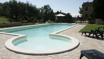 Seasonal outdoor pool, pool loungers