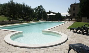 Seasonal outdoor pool, pool loungers