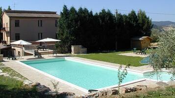 Seasonal outdoor pool, pool loungers