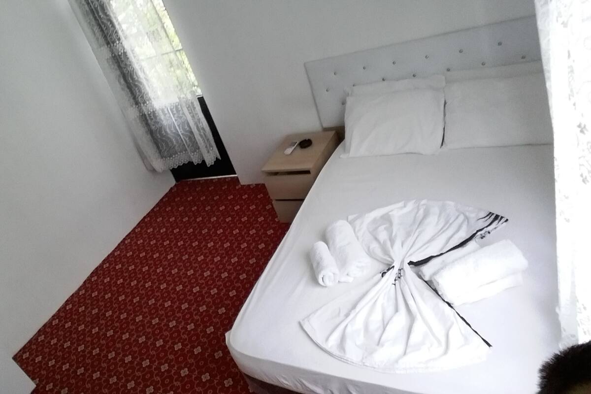 A hotel room with a bed, a nightstand, a red patterned table, and a white wall with a framed picture.