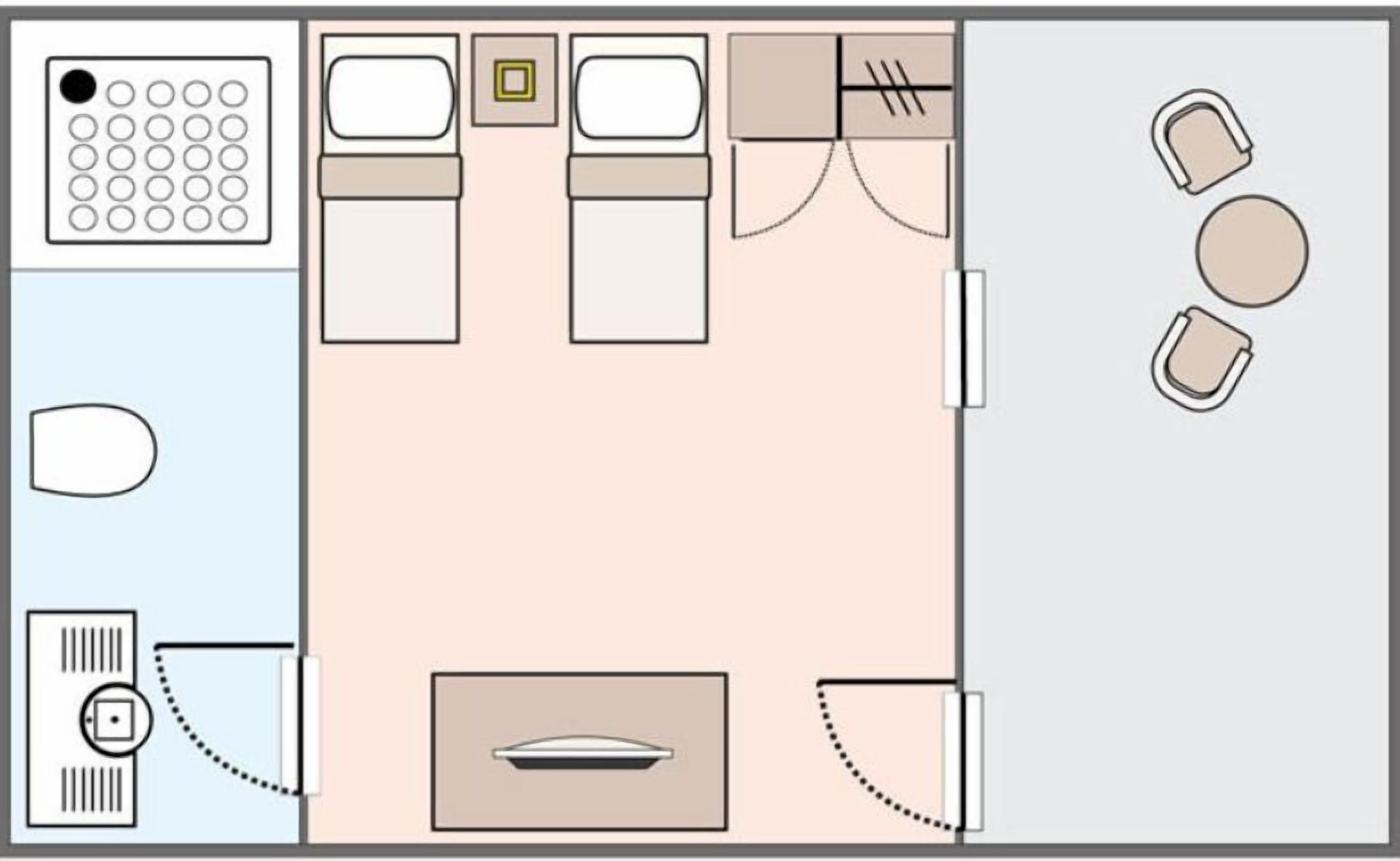 Distribución de una habitación de hotel con cama, dos mesitas de noche, escritorio, silla, armario y baño con inodoro y lavabo.