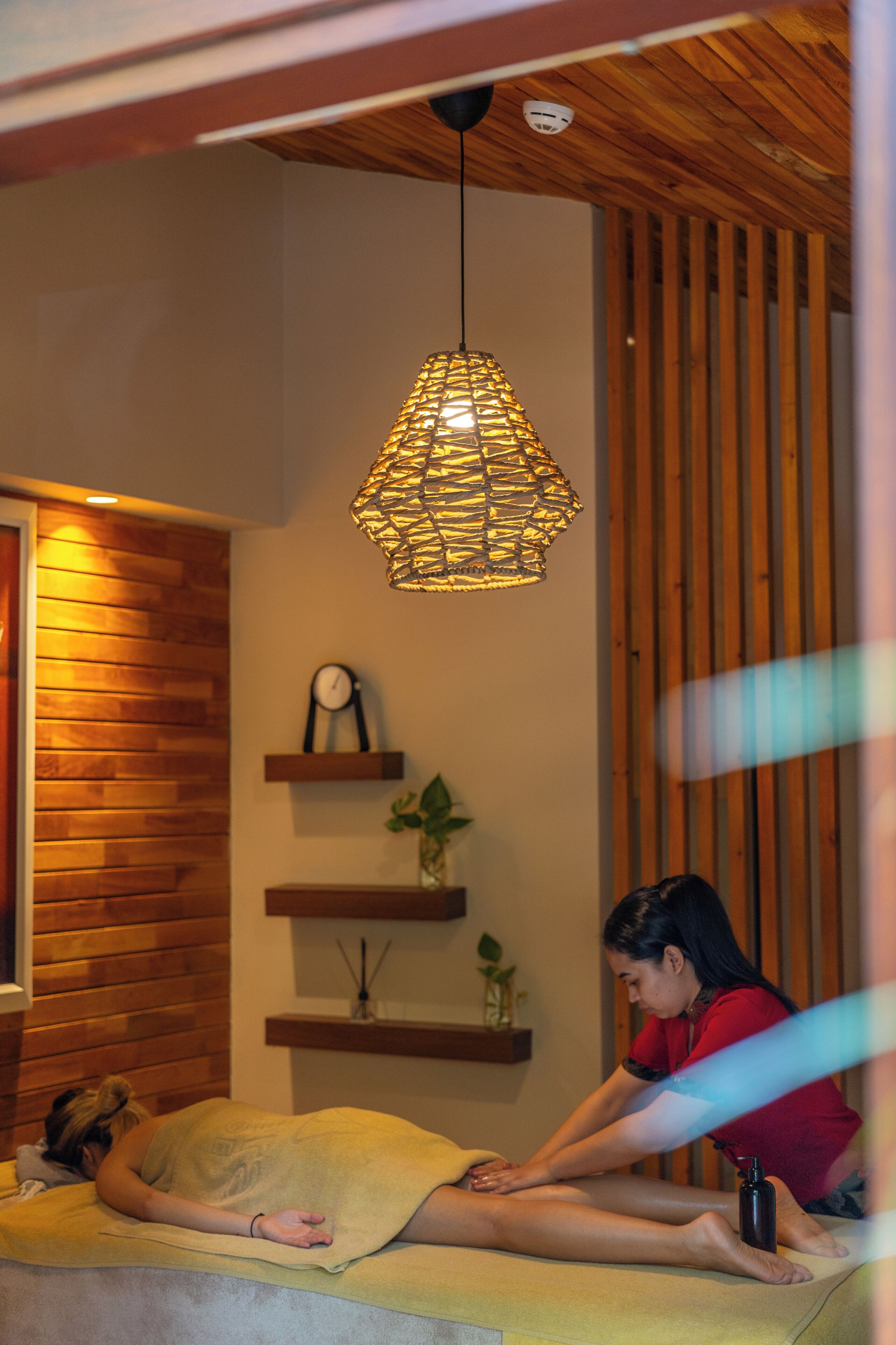 A room with a wooden ceiling, a hanging lamp, a bed, and a wall-mounted shelf with a clock and plants.