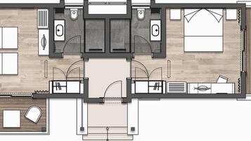 Plano de planta de un hotel que muestra un pasillo central, varias habitaciones, un baño y un comedor.