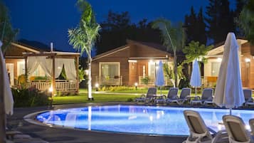 Outdoor pool, pool umbrellas, pool loungers