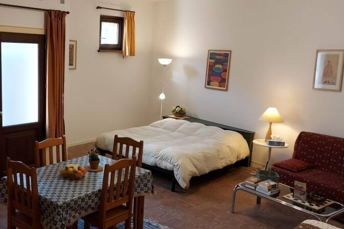 Une pièce de taille modeste comprenant un lit, une table à manger avec des chaises, un canapé, une petite table avec une lampe et un coin cuisine.