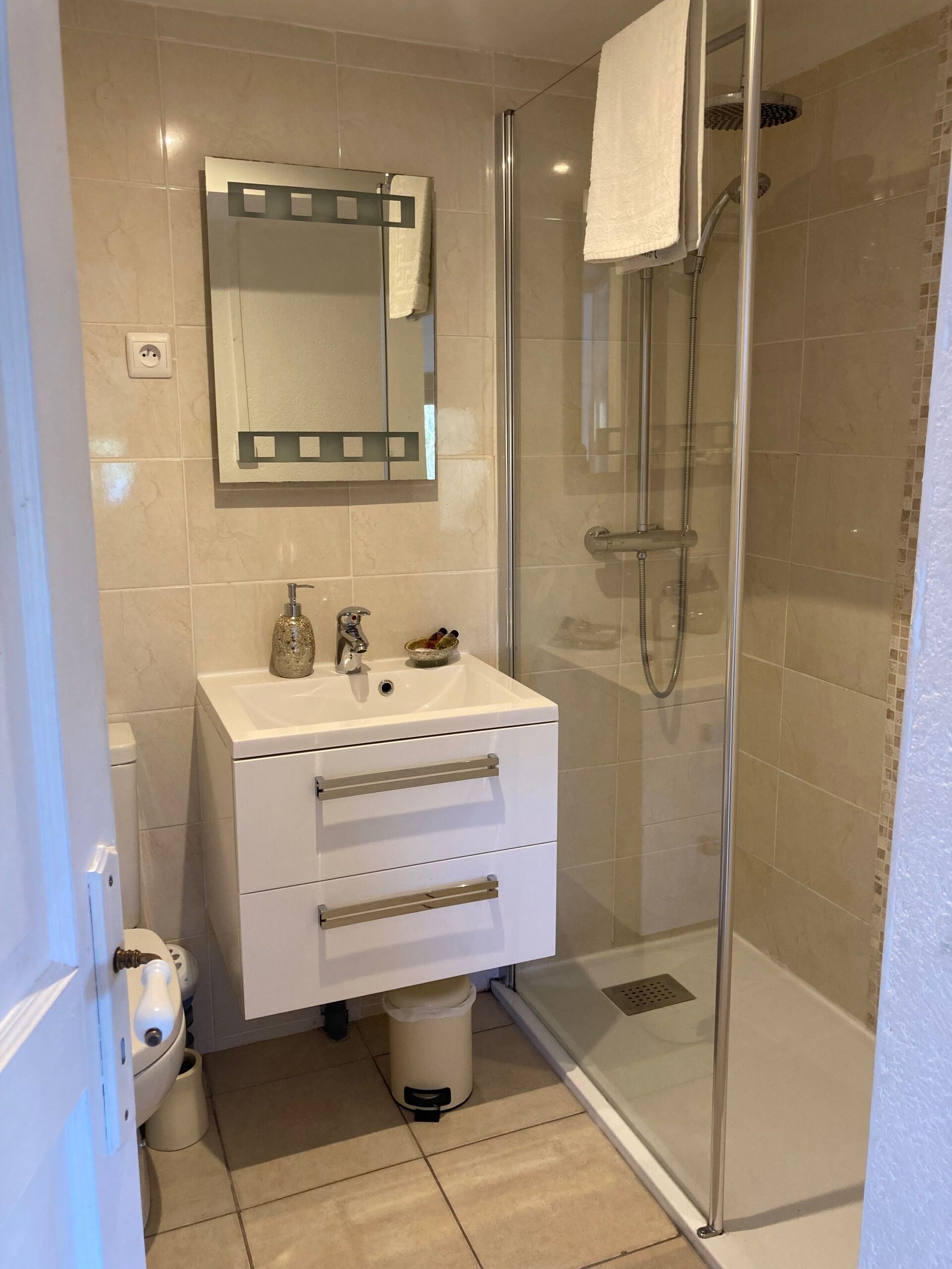 Une salle de bain moderne avec une douche à parois de verre, un lavabo blanc avec un miroir au-dessus, et une petite poubelle.