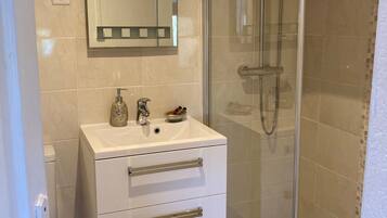 Une salle de bain moderne avec une douche à parois de verre, un lavabo blanc avec un miroir au-dessus, et une petite poubelle.