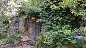 A stone building with a red umbrella, surrounded by lush greenery and red flowers. - La Marmoire (Soudan)