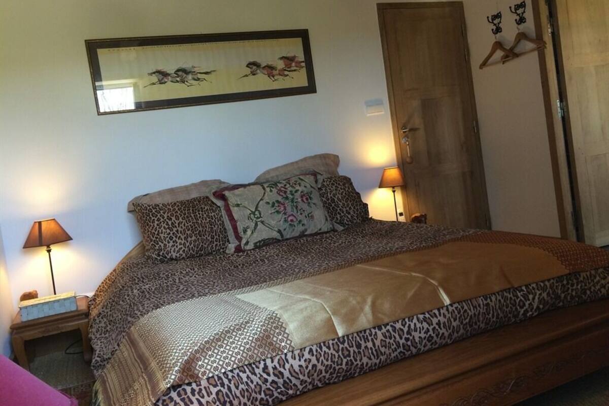Een slaapkamer met een bed, twee bedlampen, een houten hoofdeinde, een ingelijst beeld aan de muur, en een houten deur.