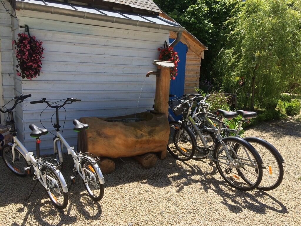 Un edificio rústico de madera con una puerta azul, un banco de madera y bicicletas estacionadas al frente.