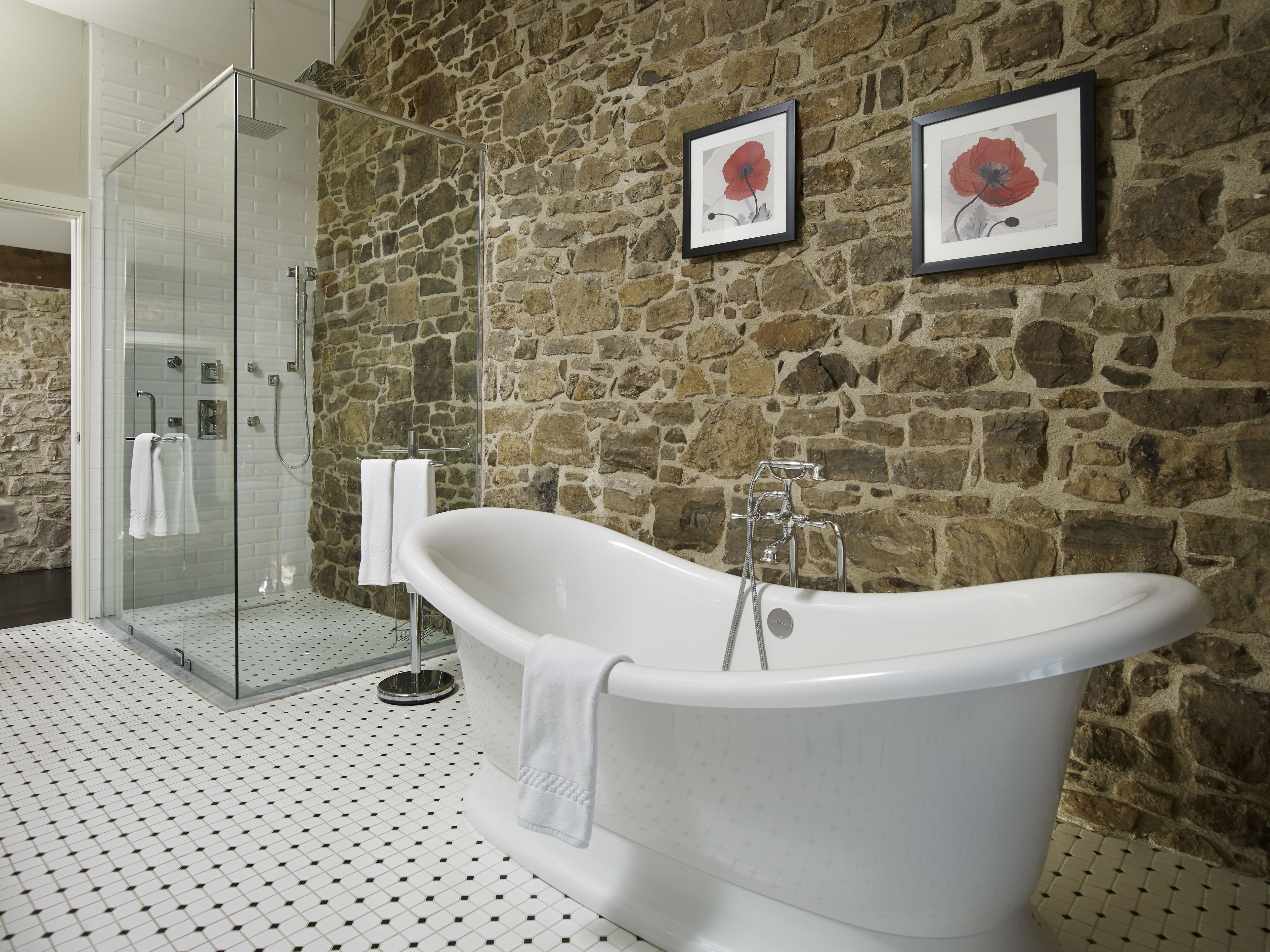 shower, rainfall showerhead, designer toiletries, hair dryer