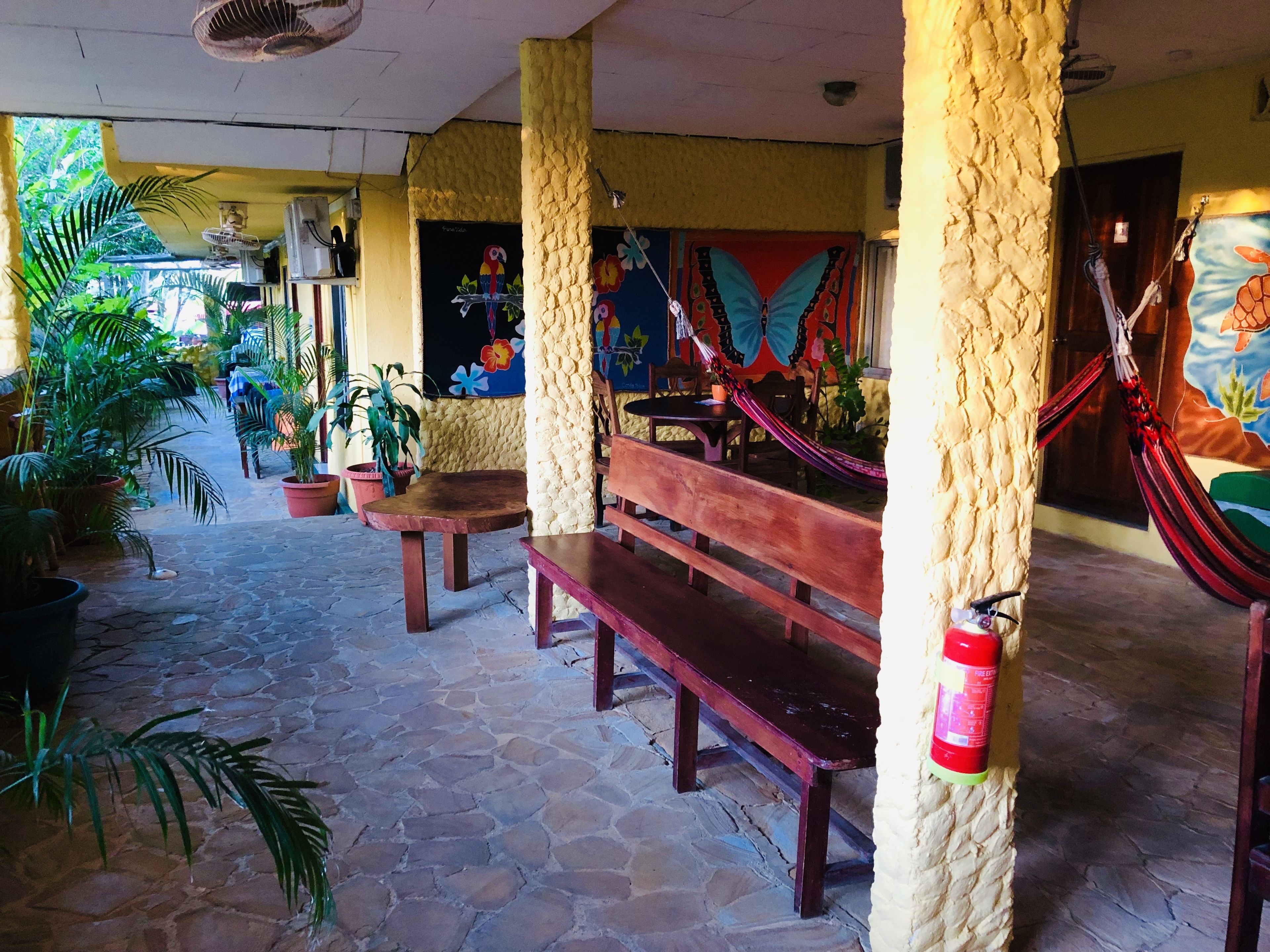 Eine Terrasse im Freien mit Steinboden, Holzbanken und Topfpflanzen.