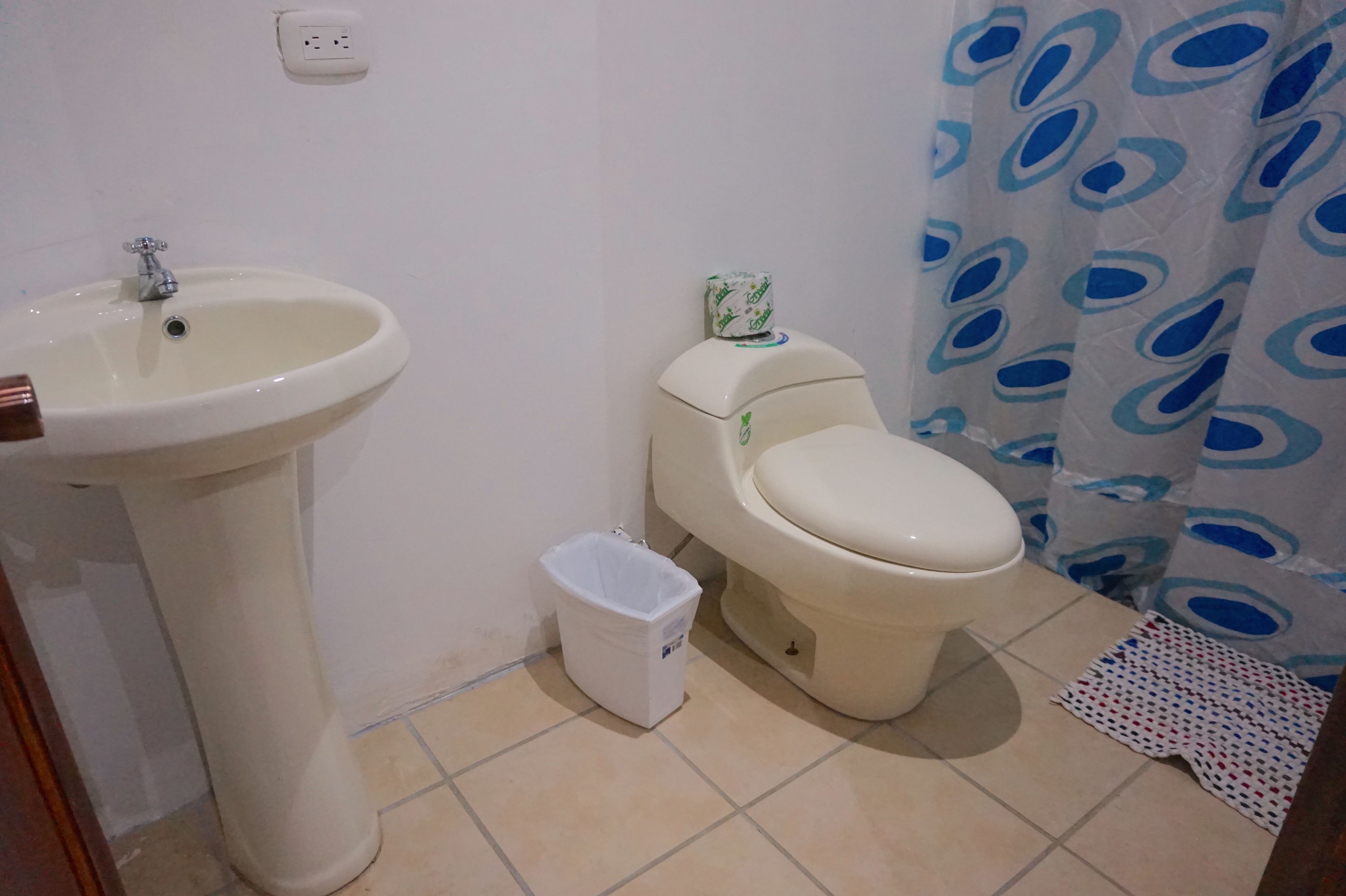 A bathroom with a sink, toilet, and a trash bin.