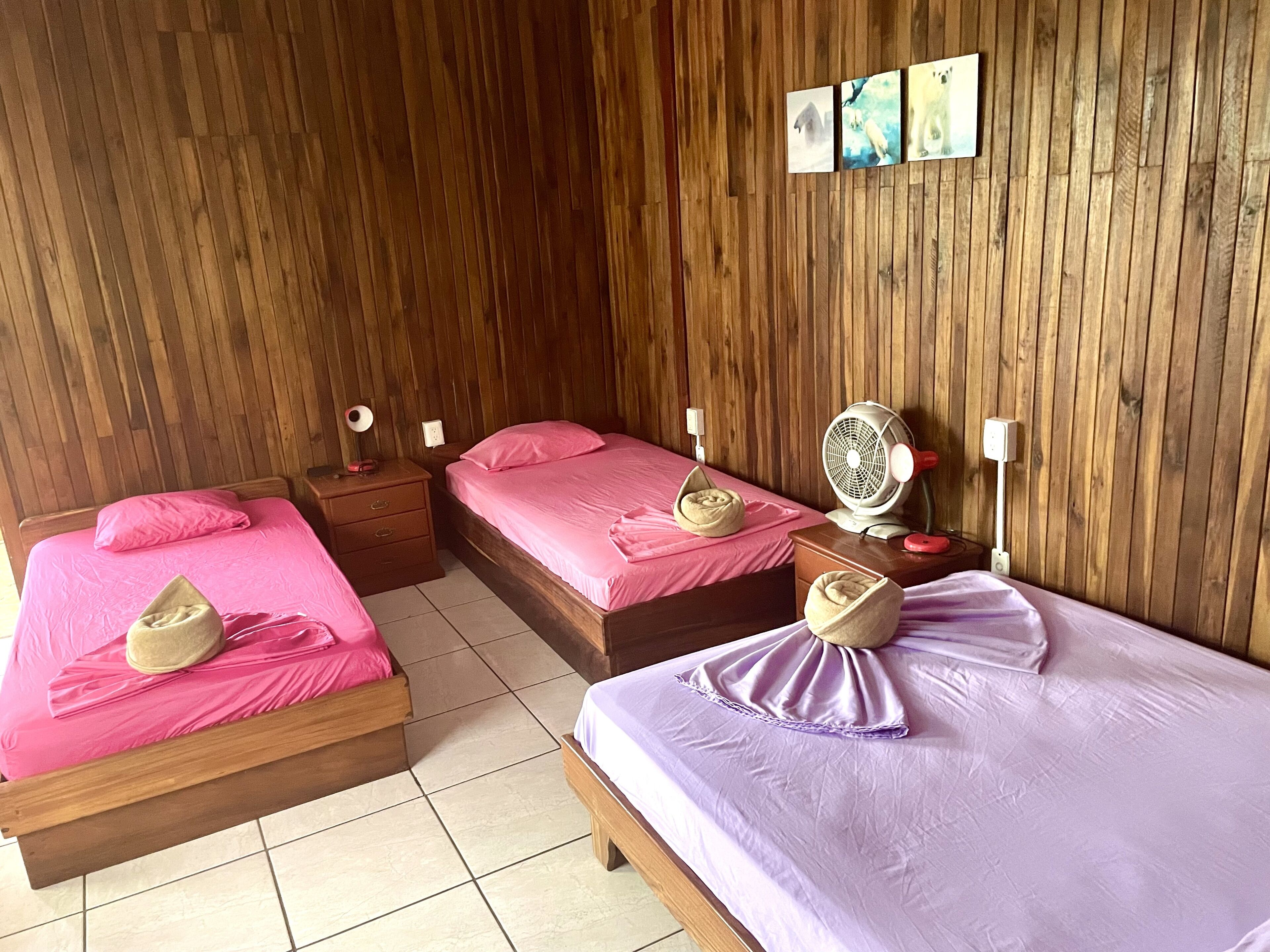A room with two beds, each with a wooden headboard and pink bedding. There are bedside tables with lamps and a wall-mounted fan.