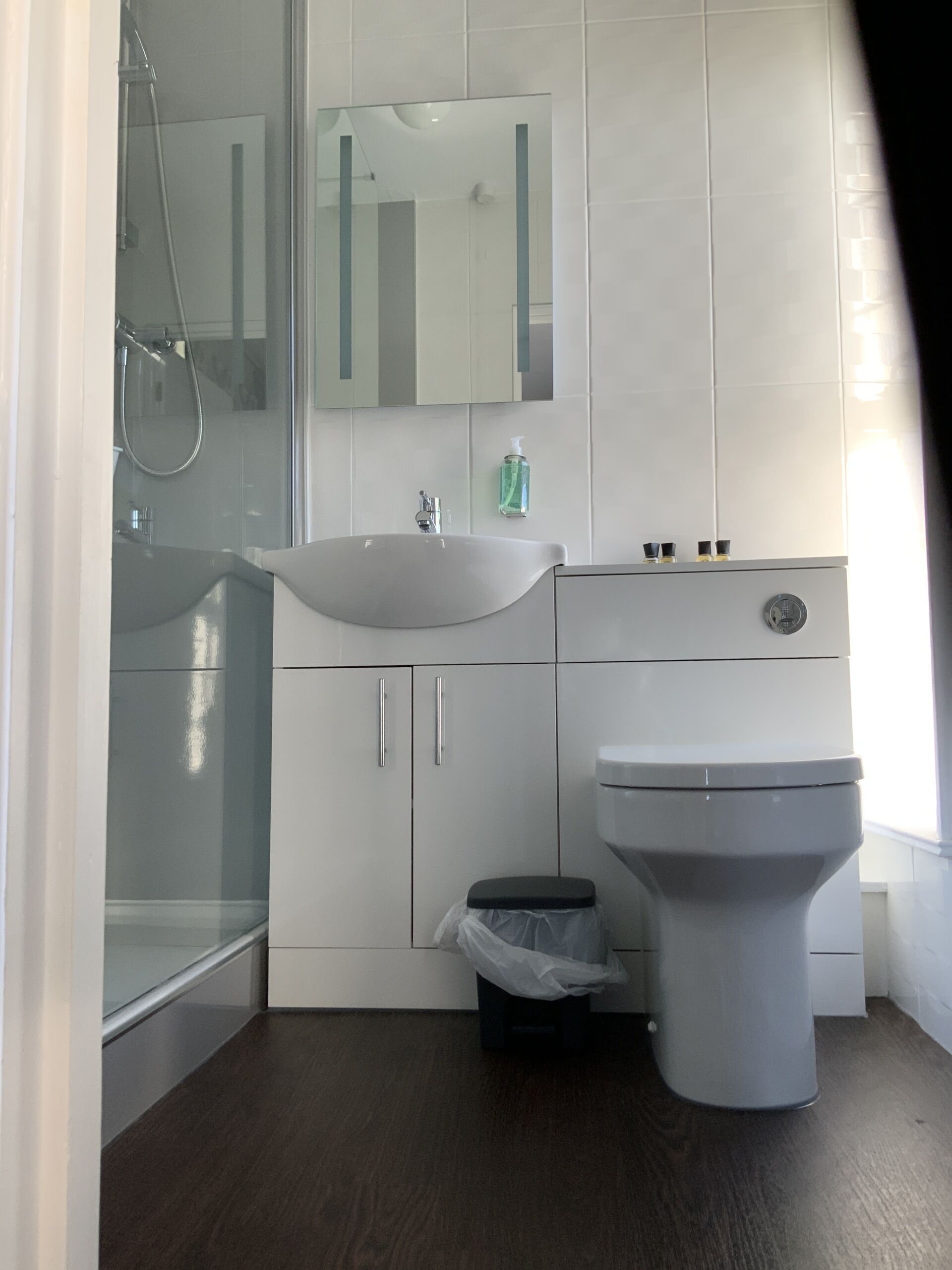 A modern bathroom with a glass shower enclosure, a white sink, a toilet, and a mirror above the sink.