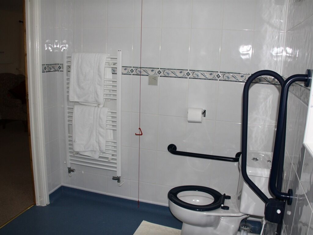 A bathroom with a white toilet, a towel rack, a handrail, and a tiled floor.