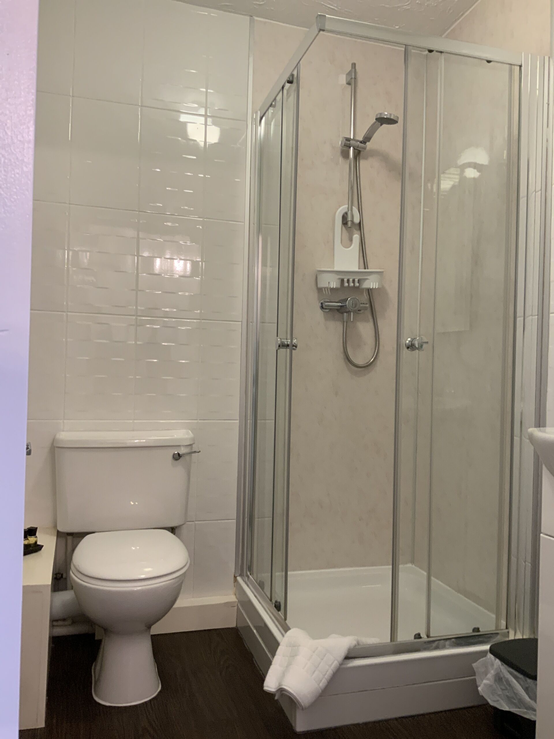 Een badkamer met een douchecabine van glas, een wit toilet en een handdoekrek.